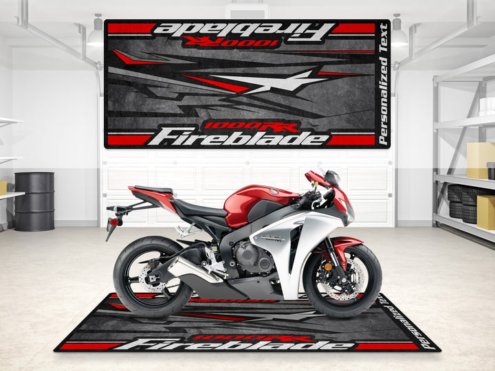 Custom pit rug designed for Fireblade owners. Personalized motorcycle display mat for superbike garage and rider essentials.