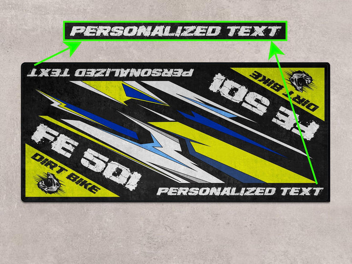 Custom garage mat for Husqvarna FE501 – rider essentials gift, carpet for dirt bike zone and parts area, motorcycle gear floor solution.