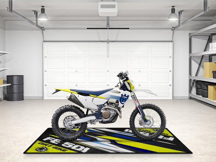 Dirt bike rug for Husqvarna FE501 – motorcycle display mat, accessory for garage floor protection, pit mat for track and showroom use.