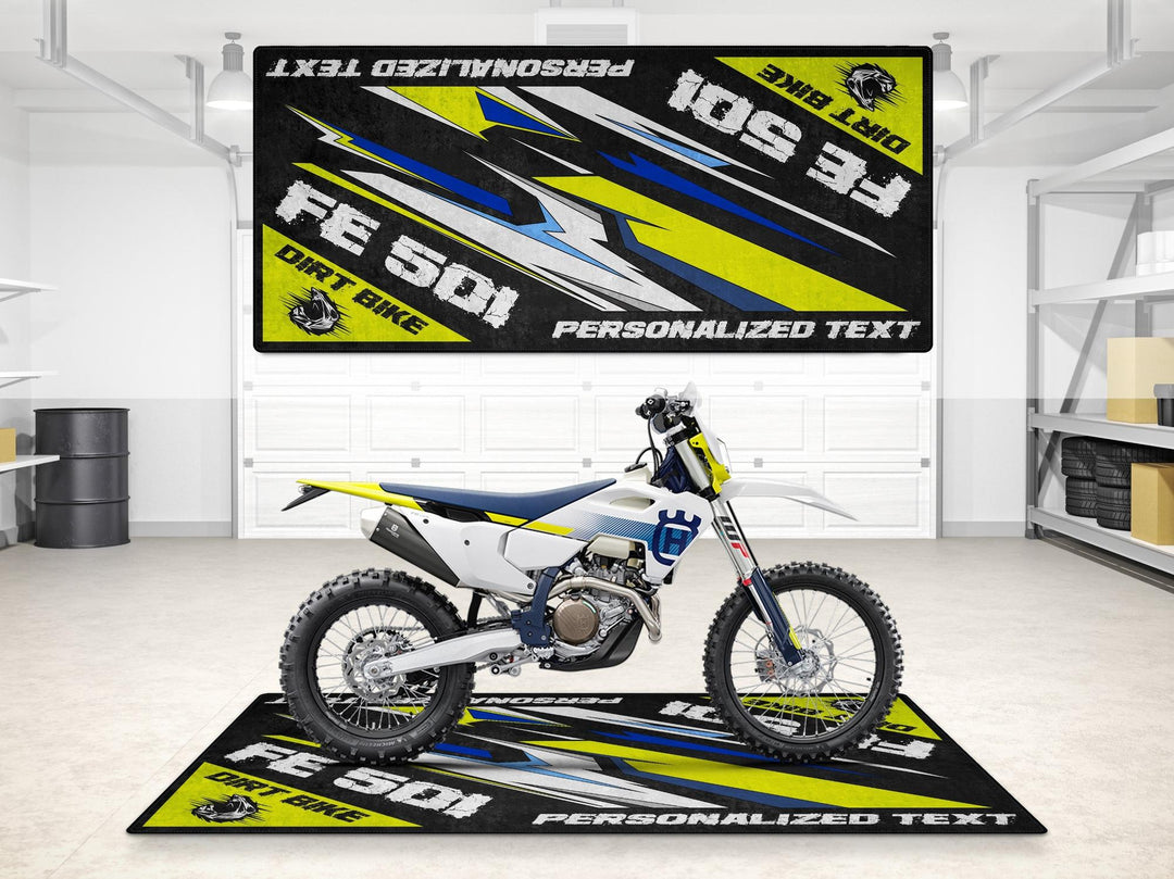 Personalized FE501 pit mat with rider name – superbike garage must-have accessory, Thermoplastic Rubber base, track prep essential.