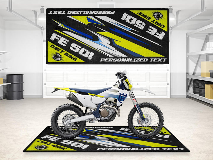 Personalized FE501 pit mat with rider name – superbike garage must-have accessory, Thermoplastic Rubber base, track prep essential.