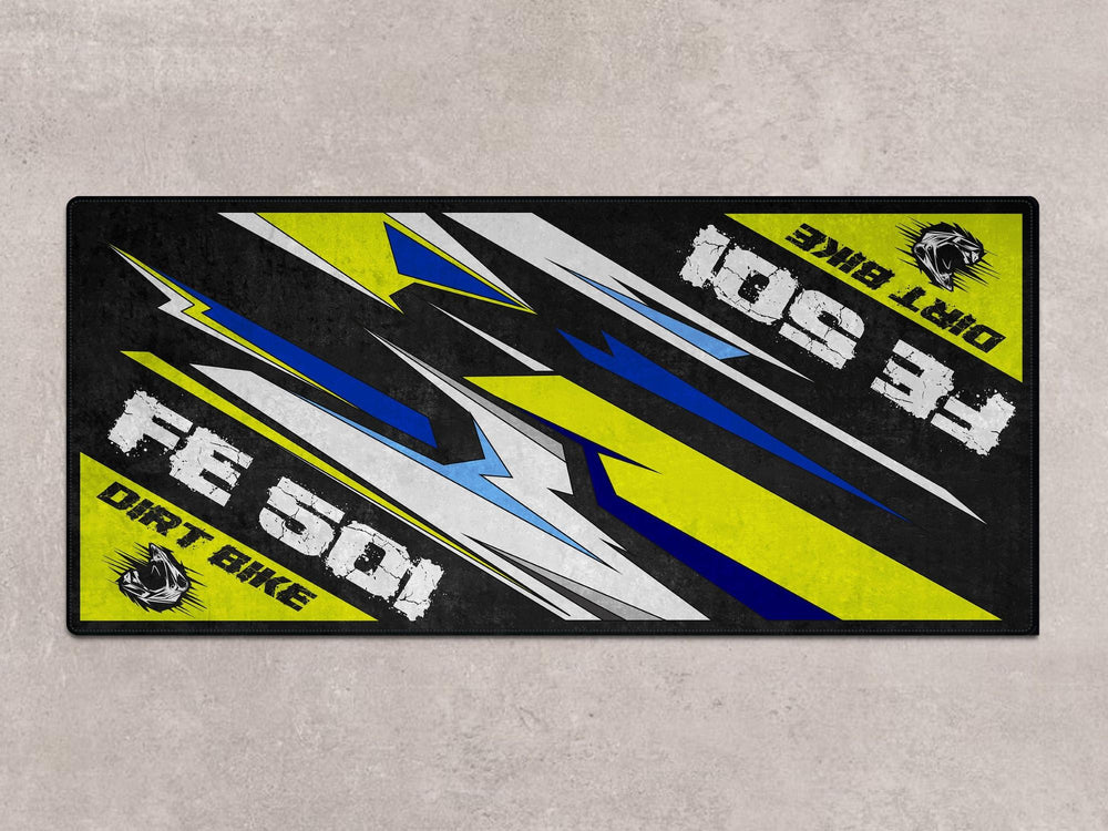 Husqvarna FE501 parking mat and custom pit rug – ideal showroom carpet, bike zone rug, or racetrack-ready motorcycle display floor cover.