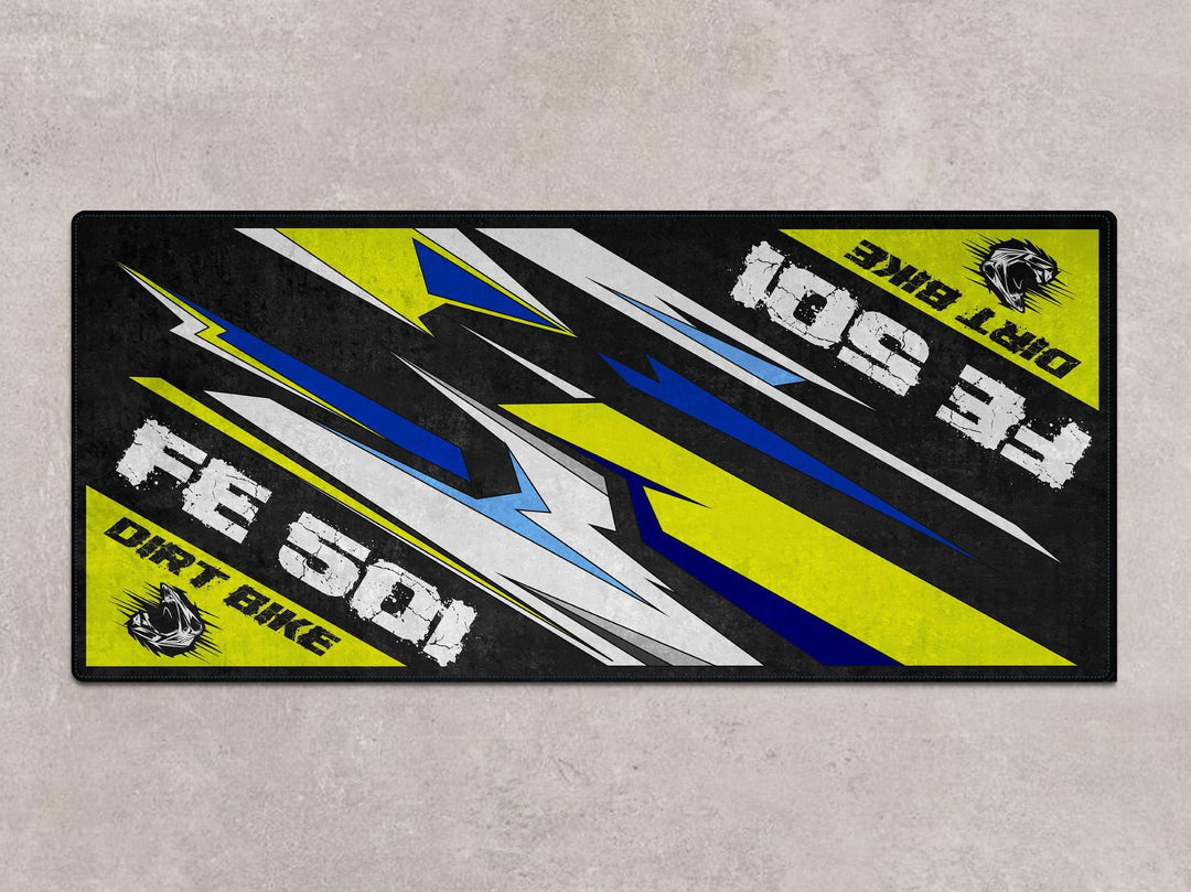 Husqvarna FE501 parking mat and custom pit rug – ideal showroom carpet, bike zone rug, or racetrack-ready motorcycle display floor cover.