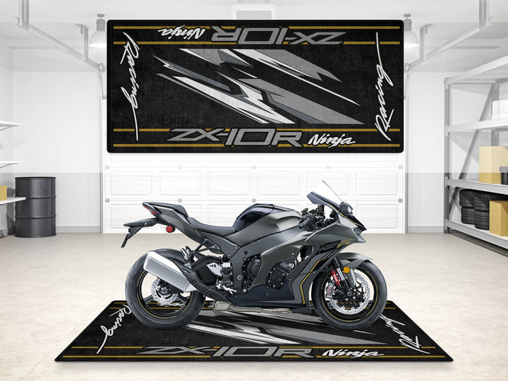 Dark ZX-10R racing garage mat with golden accents—ideal floor cover for showroom, garage, or pit use.