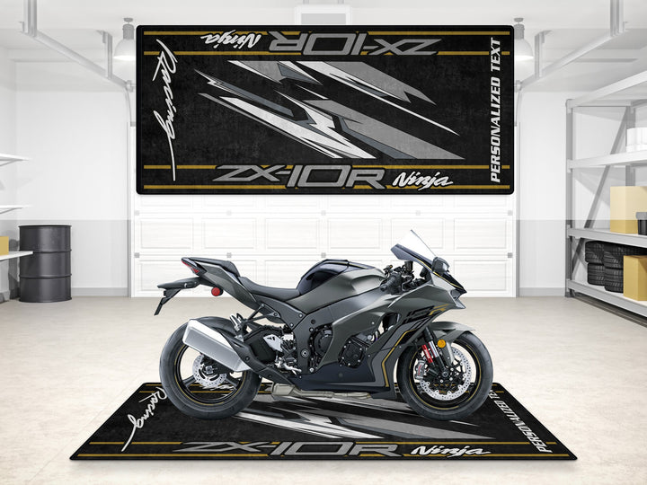 Custom pit rug with gray racing graphics, rider essentials for superbike garage and bike zone floors.