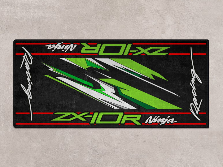Aggressive sportbike floor cover for ZX-10R riders, ideal rug for garage mat or racetrack prep zone.