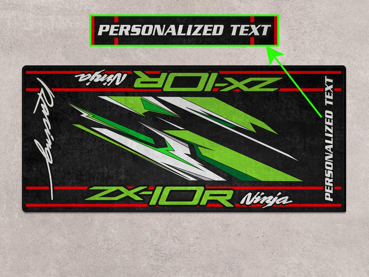 Personalized parking mat with Ninja graphics, a superbike garage essential for track prep and paddock use.