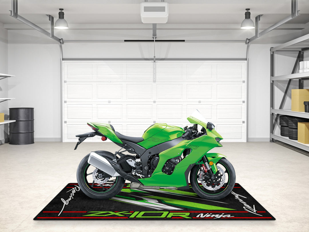Kawasaki-inspired garage floor protection mat—gift-ready motorcycle accessory for parts and display setups.