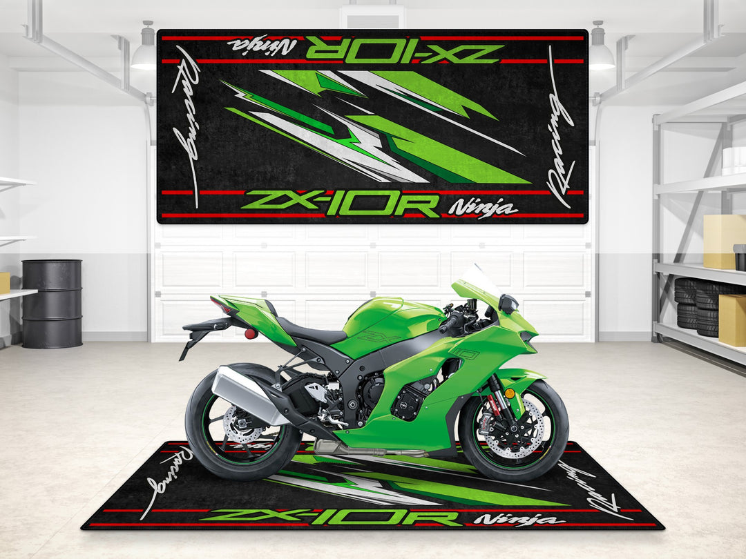 Ninja ZX-10R racing garage mat with vivid green graphics—perfect for pit mat setups and showroom floors.