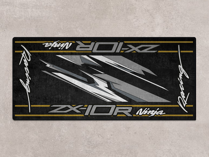 Motorcycle display rug for ZX-10R in black-gray tones, perfect for racetrack prep and parking mat setups.
