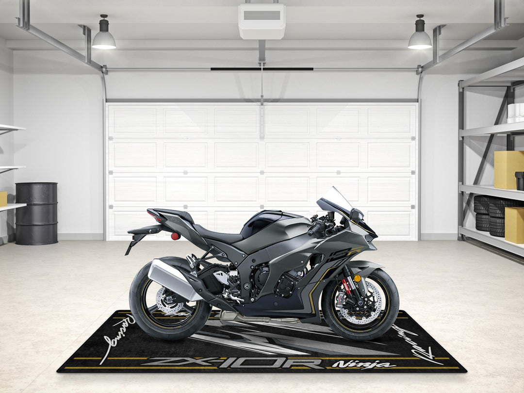 Stealth black ZX-10R pit mat—rug for motorcycle parts, accessory display, or premium gift option.