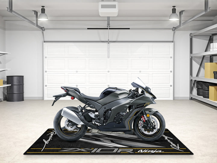Stealth black ZX-10R pit mat—rug for motorcycle parts, accessory display, or premium gift option.