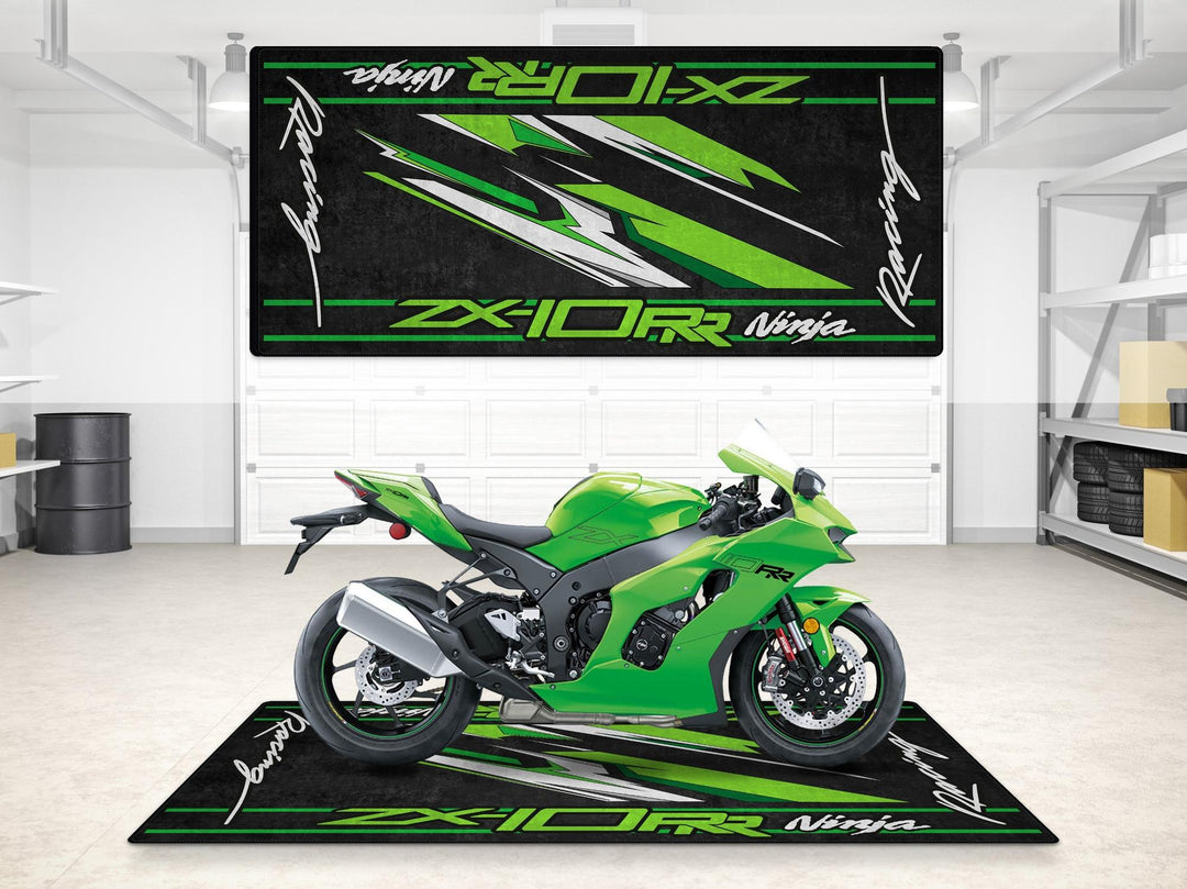Kawasaki ZX-10RR garage mat for showroom display. Durable parking mat and floor cover for motorcycle gear lovers.