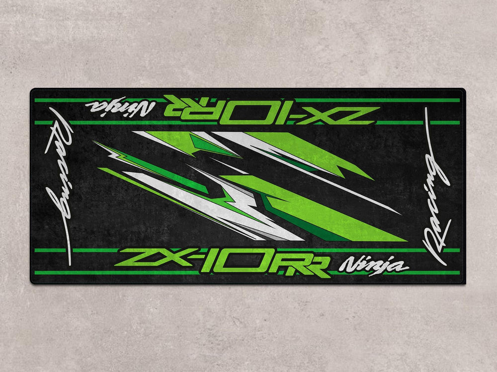 Motorcycle rug for Ninja ZX-10RR Racing Green. Great garage floor protection and racetrack accessory for riders.