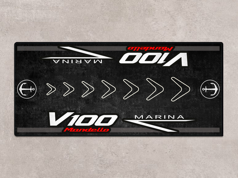 Garage mat for V100 Mandello Marina – stylish rug for motorcycle gear zone, showroom, pit mat, or superbike garage.