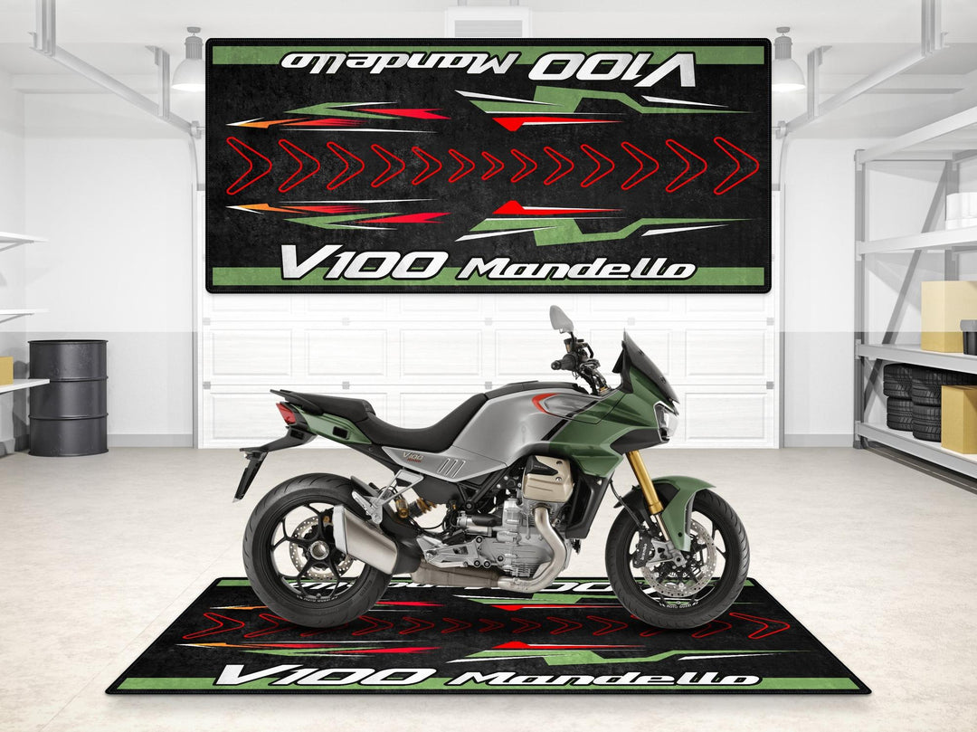 Moto Guzzi V100 Mandello garage mat – stylish motorcycle floor cover and rug for pit mat setups or showroom accessory.