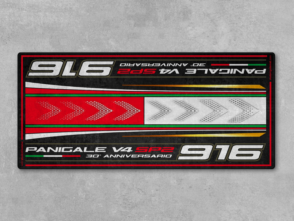 Motorcycle rug and parking mat for Panigale V4 SP2 916. Designed for track prep and creating a standout motorcycle display in your superbike garage.