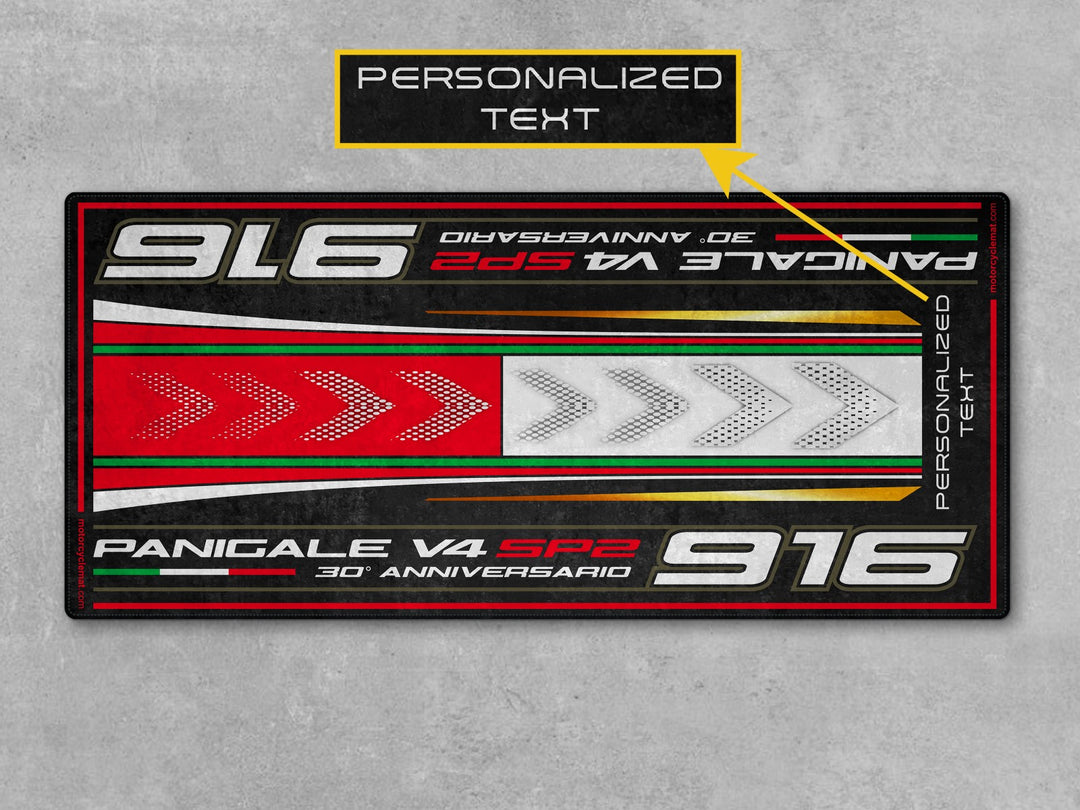 Custom pit rug for V4 SP2 916 30th Anniversary. Ideal for dual sport setup, organizing parts, and elevating any garage with racing heritage.