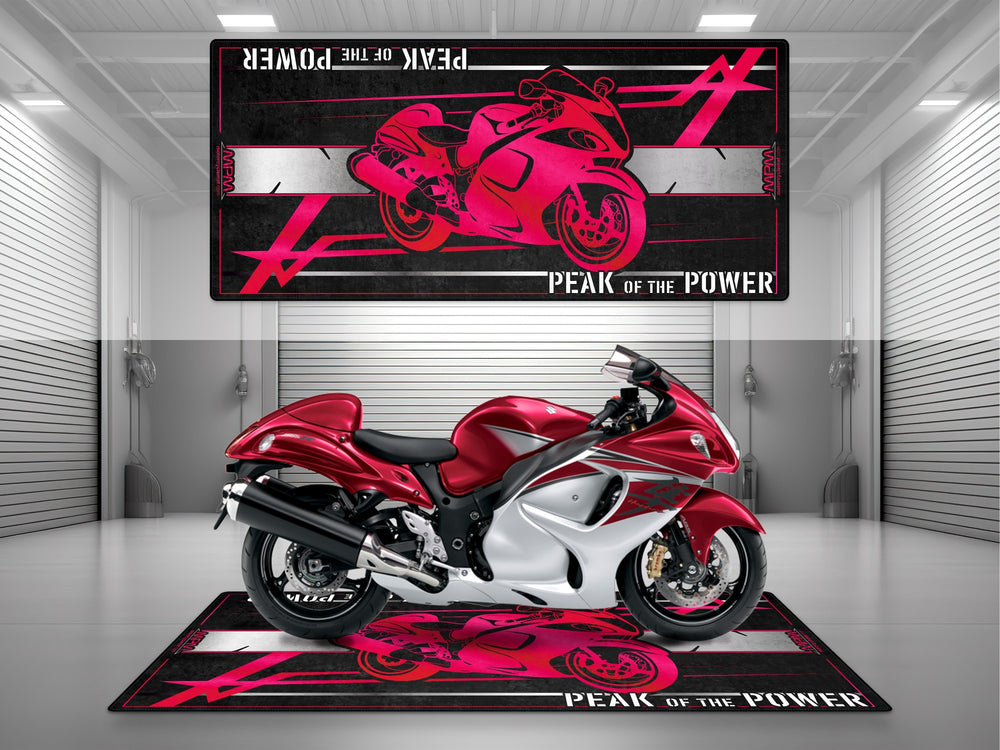 Red Hayabusa Gen 2 motorcycle parking mat – perfect garage floor protection with Thermoplastic Rubber base and rugged grip.