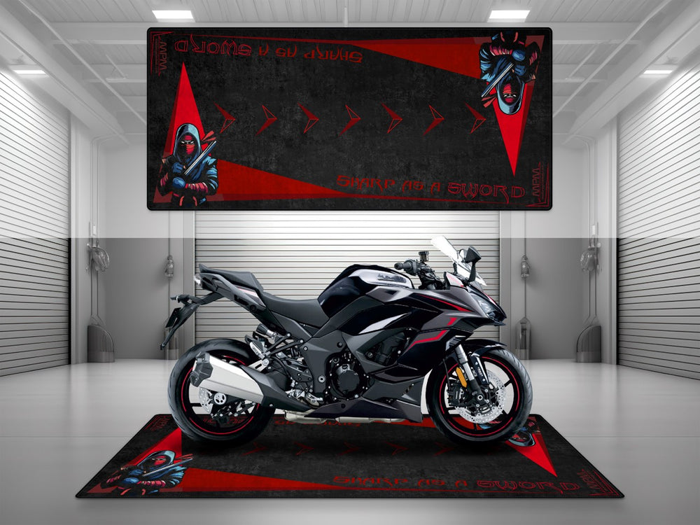 Black-red Ninja parking mat with sharp as a sword graphic. Ideal for garage floor protection.