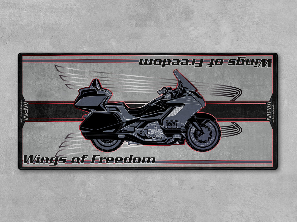 Touring-style pit mat with a full motorcycle graphic. Thermoplastic Rubber base provides durability and slip resistance.