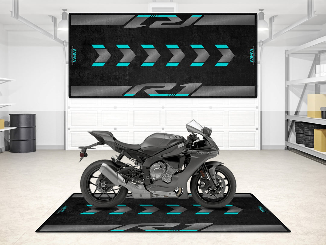 Yamaha R1 in Yamaha Black on a garage mat designed for showroom elegance and garage floor protection.