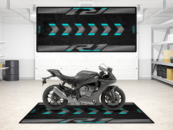 Yamaha R1 in Yamaha Black on a garage mat designed for showroom elegance and garage floor protection.