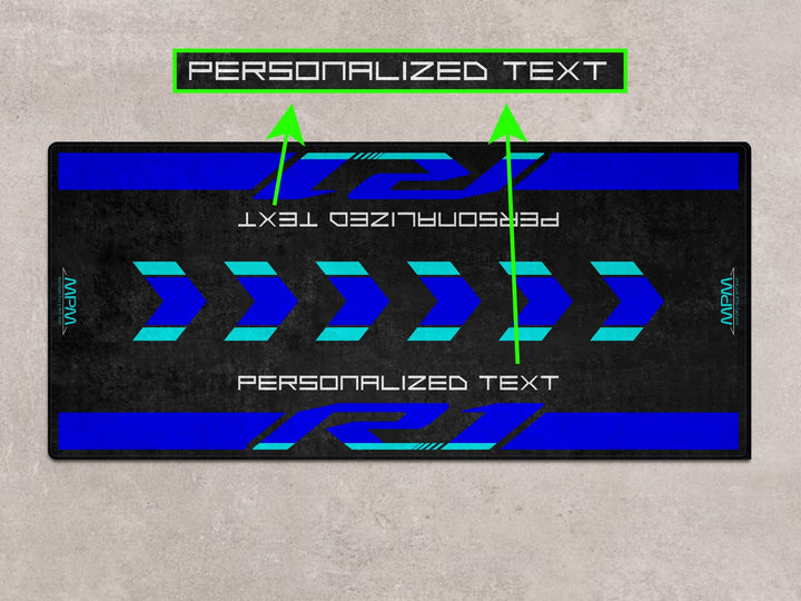 Personalized motorcycle display mat in Icon Blue, ideal for superbike garage and track prep needs.