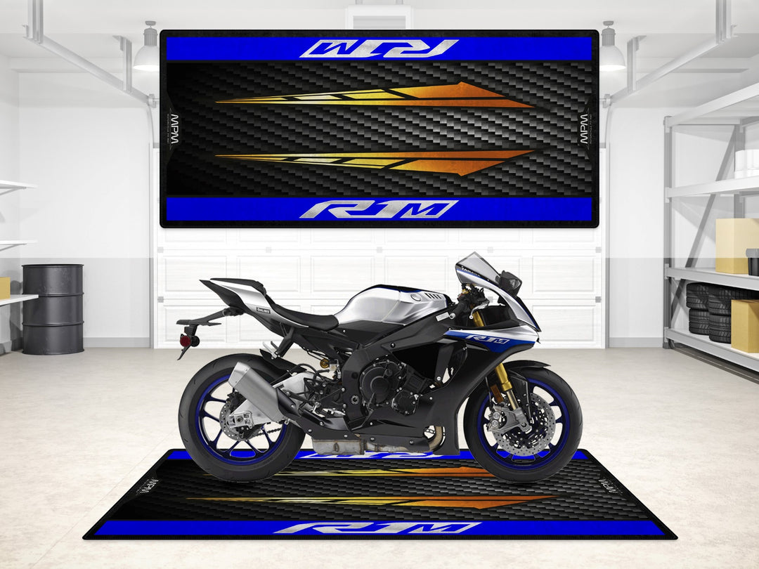 Yamaha R1M on a garage mat with blue accents and carbon texture, perfect for floor protection and display.