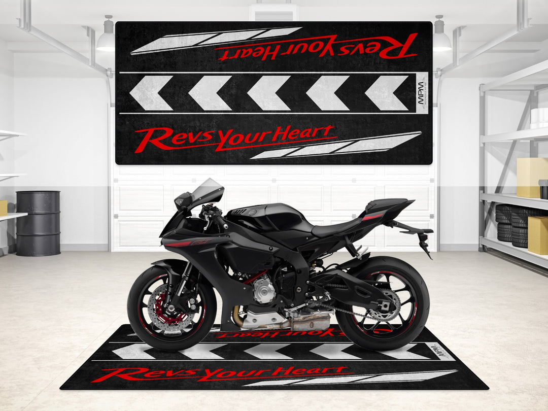 Revs Your Heart garage mat in black and white, designed for Yamaha R1 and MT-07 floor cover setups.