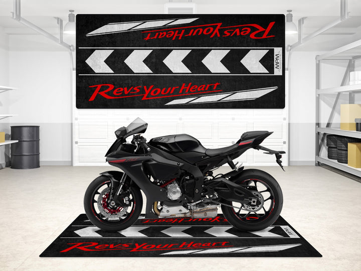 Revs Your Heart garage mat in black and white, designed for Yamaha R1 and MT-07 floor cover setups.