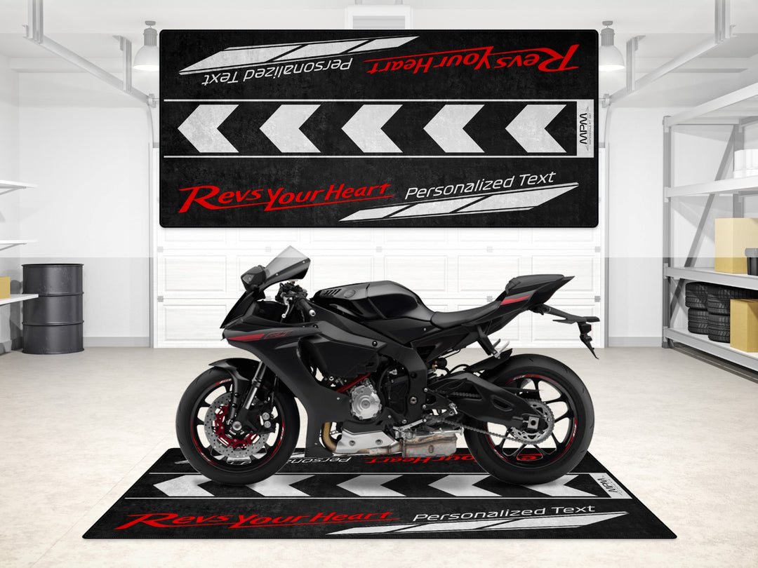 Custom pit rug with Revs Your Heart branding, fits Yamaha R7, R1, and R6 for showroom or racetrack style.