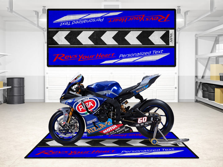 Custom pit rug with bold racing look for Yamaha R3, MT-07, and R1 models, perfect racetrack accessory.