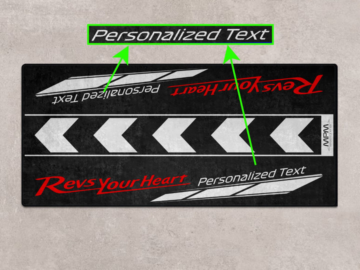 Personalized display mat in monochrome for Yamaha R3, R7, and MT-07, ideal for track prep and garage use.