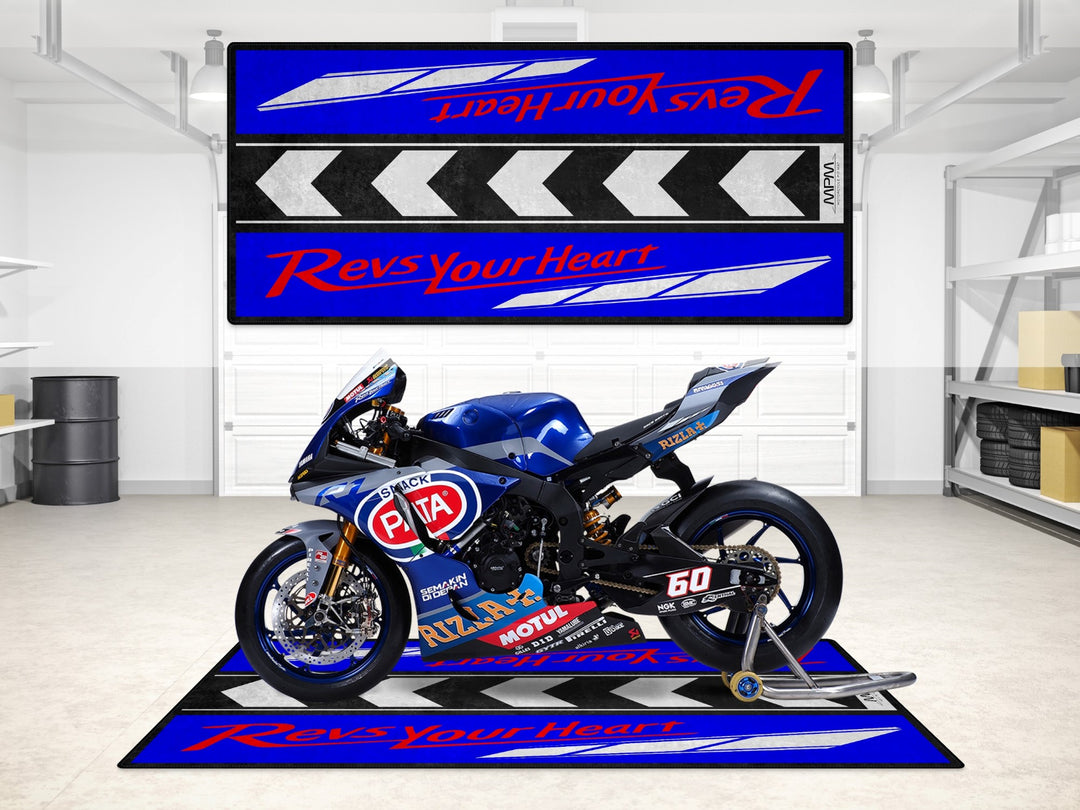 Blue Revs Your Heart garage mat designed for Yamaha R1 and MT-09, perfect for garage floor protection.