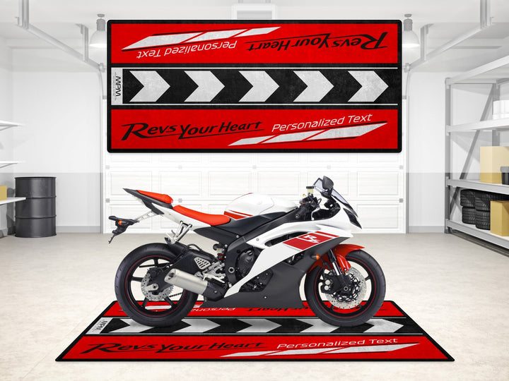 Custom pit rug for Yamaha sport models like R3, R1, and R6, perfect for track prep and rider style.