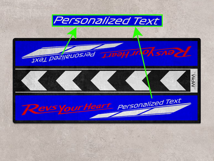 Personalized motorcycle display mat for Yamaha R6 and R3, ideal for showroom or track prep setups.