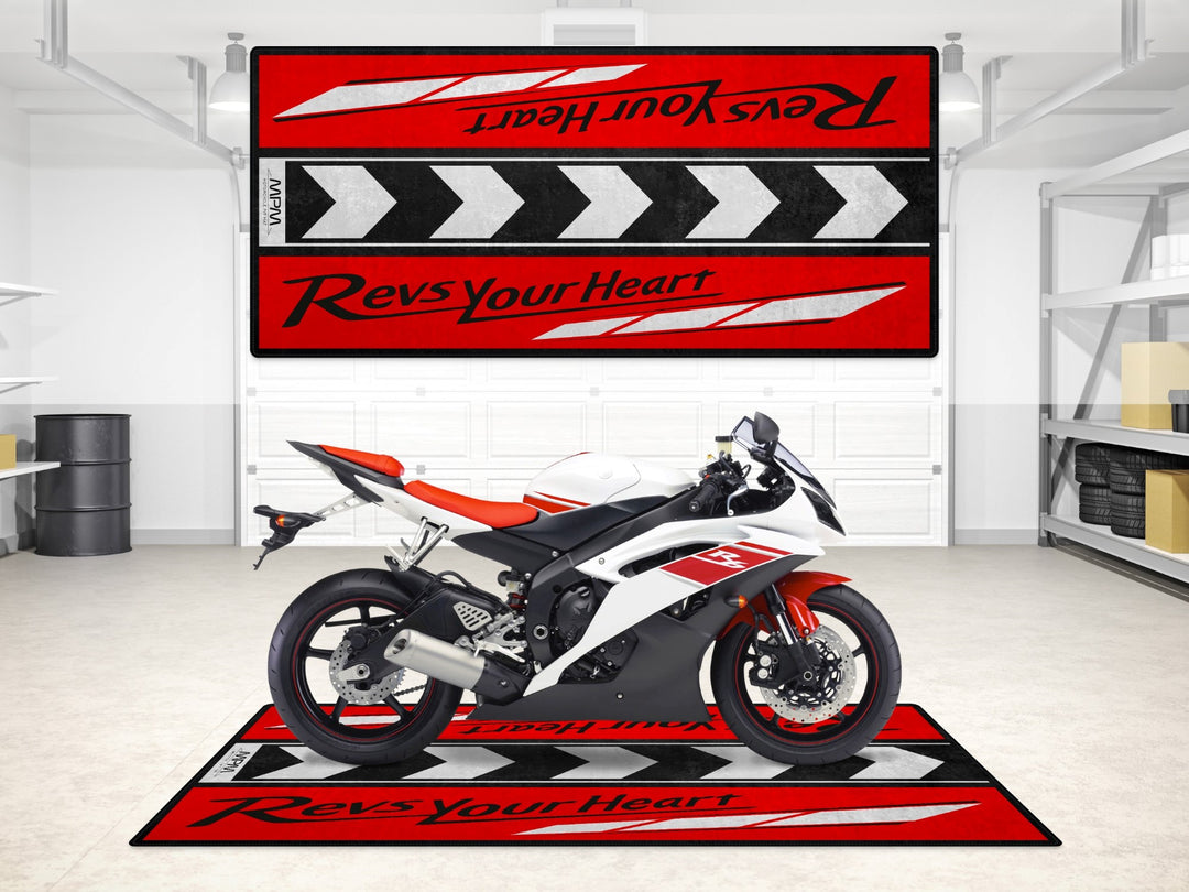 Garage mat with Revs Your Heart design, perfect floor cover for Yamaha R6, R3, and MT-09 motorcycles.