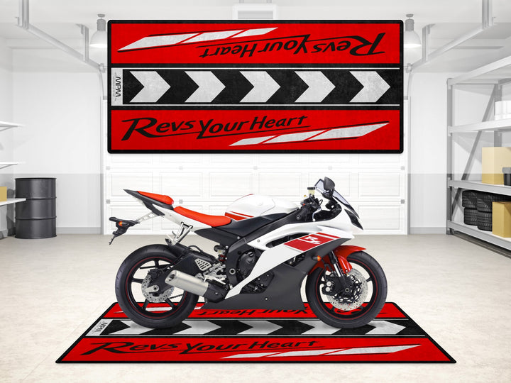 Garage mat with Revs Your Heart design, perfect floor cover for Yamaha R6, R3, and MT-09 motorcycles.