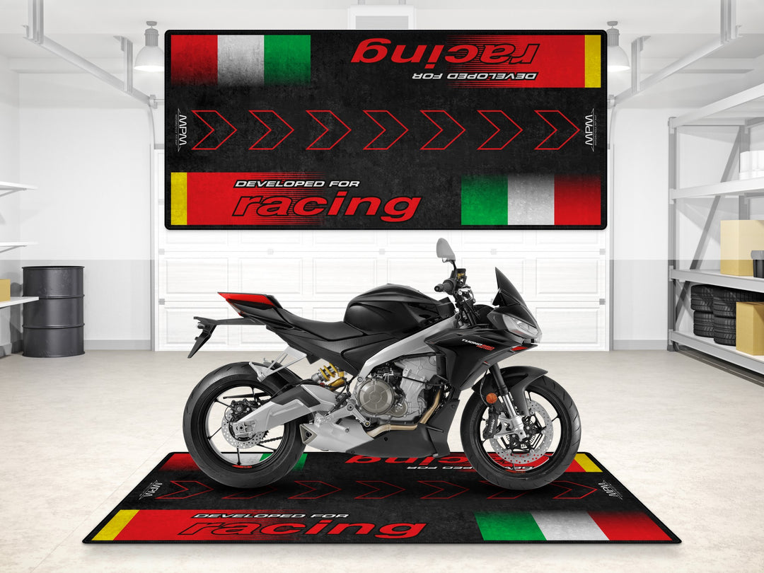 Garage and parking mat for Aprilia RSV4, RS 660, RS 457. Sportbike floor cover designed to protect and showcase your performance motorcycle.
