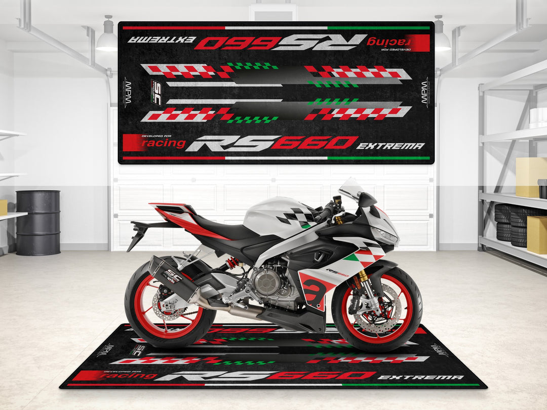 Custom motorcycle mat for Aprilia RS 660 Extrema. Non-slip garage floor mat and pit mat designed to protect and display your sportbike in style.