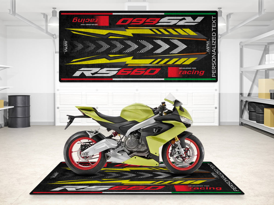 Custom Aprilia RS 660 Acid Gold rug for racetrack or track prep – a must-have rider accessory for motorcycle gear and premium rider essentials setup.