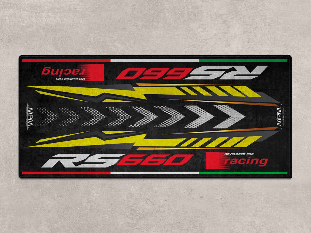 Show off your Aprilia in style with this personalized carpet mat – perfect for your showroom, bike zone, or superbike garage. Full garage floor protection.