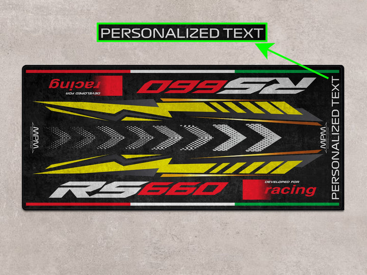 Gift-ready personalized motorcycle mat for RS 660 Acid Gold. Built for parts safety, pit mat grip, washable use, and standout garage mat aesthetics.