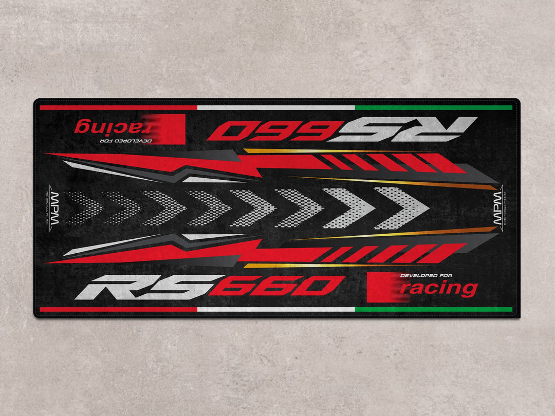 Personalized floor cover and motorcycle gear rug for Aprilia RS 660 Racing Black Red. Ideal for your bike zone, racetrack, or rider essentials setup.