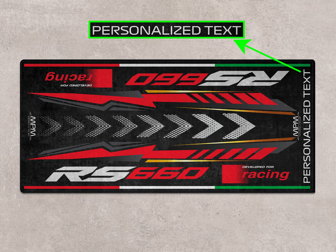 Custom motorcycle accessory mat for Aprilia RS 660 Racing Black Red. Gift it to any rider – parts safe, washable, stylish, and ready for race day performance.