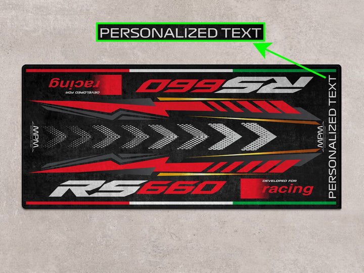 Custom motorcycle accessory mat for Aprilia RS 660 Racing Black Red. Gift it to any rider – parts safe, washable, stylish, and ready for race day performance.
