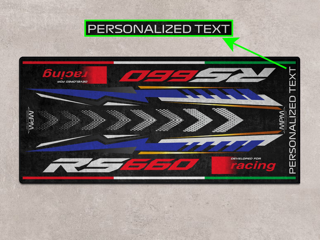 Custom floor cover for Aprilia RS 660 Tribute – personalized rug for superbike garage, motorcycle gear, and gift ideas.