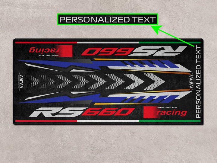 Custom floor cover for Aprilia RS 660 Tribute – personalized rug for superbike garage, motorcycle gear, and gift ideas.