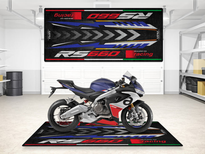 Aprilia RS 660 Tribute on a garage mat – ideal parking mat and floor cover for showroom, racetrack, or track prep.